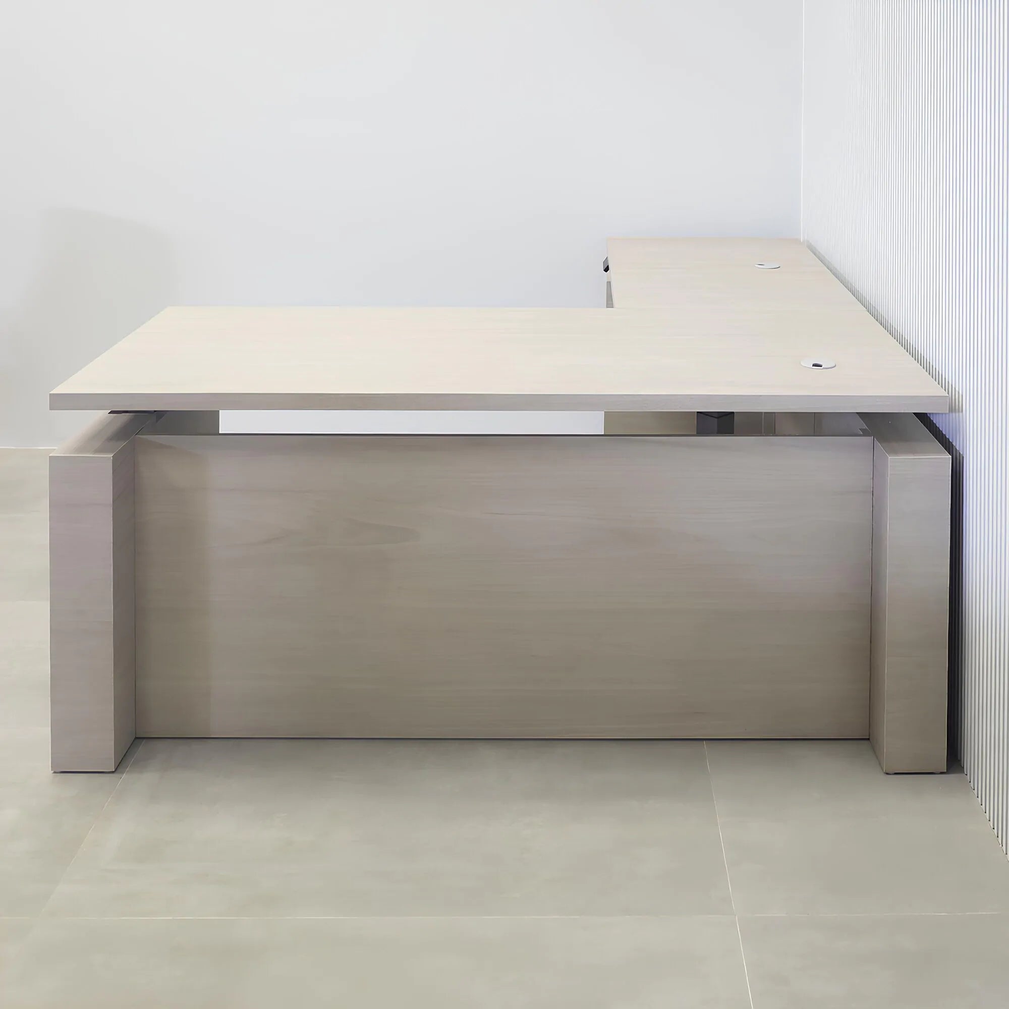 72-inch Denver L-Shape Executive Desk with Sit-stand mechanism, gray oak PVC matte laminate top, gray oak PVC matte laminate storage & privacy panel.
