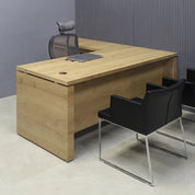 72-inch Denver L-Shape Executive Desk with cabinet & return on the left side when sitting, in planked urban oak matte laminate top, base, cabinet & privacy panel, shown here.