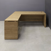 72-inch Denver L-Shape Executive Desk with cabinet & return on the left side when sitting, in planked urban oak matte laminate top, base, cabinet & privacy panel, shown here.
