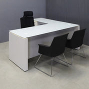72-inch Denver L-Shape Executive Desk with return & cabinet on left side when sitting, in 1/2" white tempered glass top, dover off-white matte laminate base & cabinet, and folkstone gray matte laminate privacy panel, shown here.