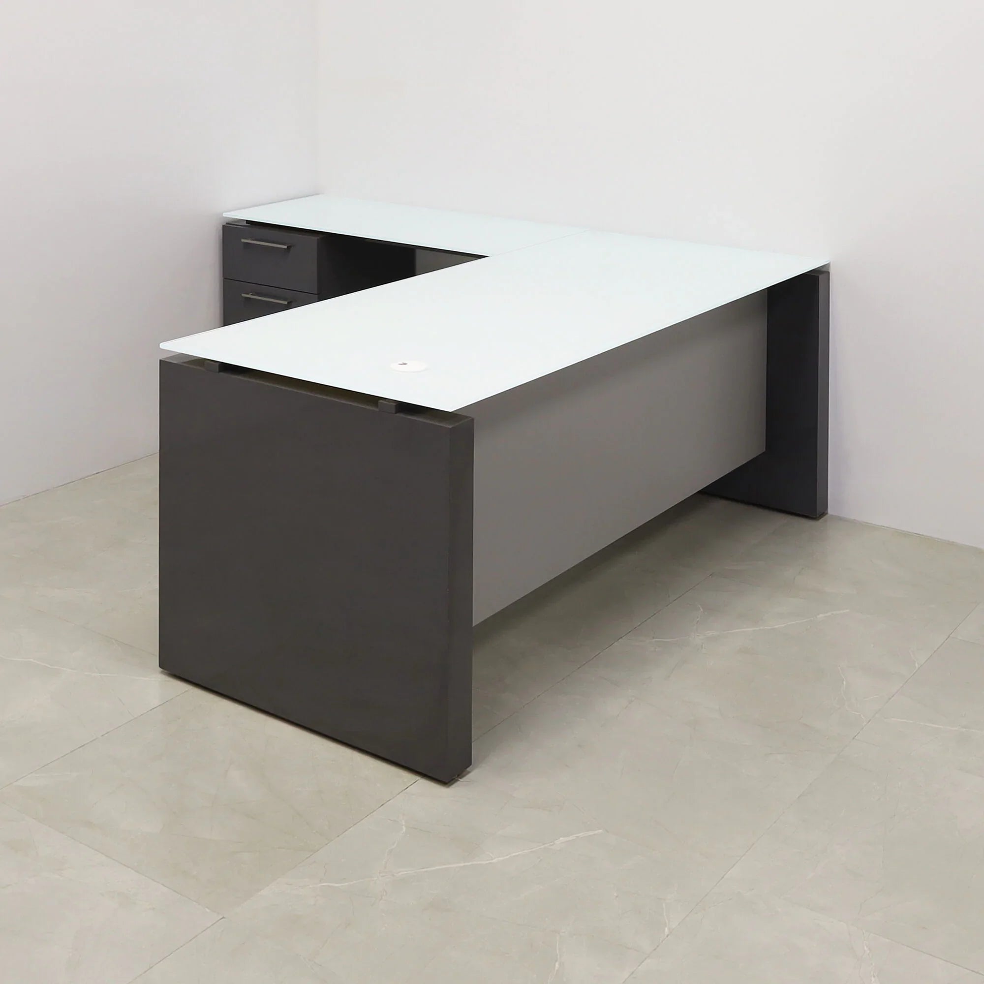 2" white tempered glass top, storm gray gloss laminate base & cabinet, and fog gray matte laminate privacy panel, shown here.