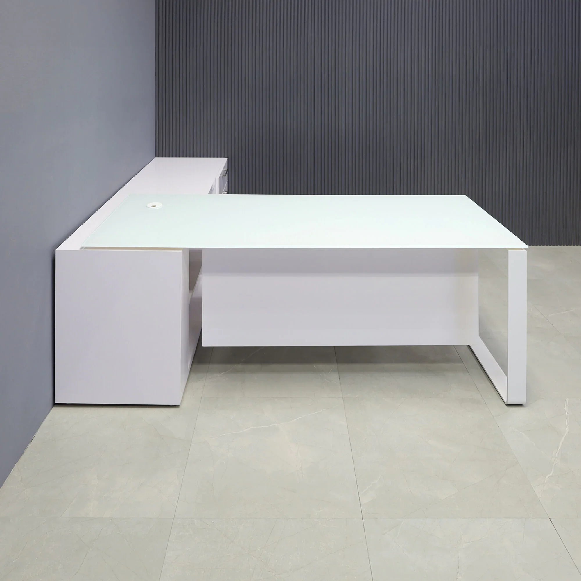 72-inch Aspen Executive Desk with Credenza with 1/2" white tempered glass top, credenza & privacy panel covered in white gloss laminate, and white metal leg, shown here.