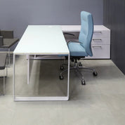 72-inch Aspen Executive Desk with Credenza with 1/2" white tempered glass top, credenza & privacy panel covered in white gloss laminate, and white metal leg, shown here.