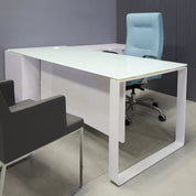 72-inch Aspen Executive Desk with Credenza with 1/2" white tempered glass top, credenza & privacy panel covered in white gloss laminate, and white metal leg, shown here.