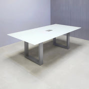 84-inch Omaha Rectangular Conference Table in 1/2-inch white tempered glass top, with metal u-legs powder coated in silver, and silver MX3 power box.