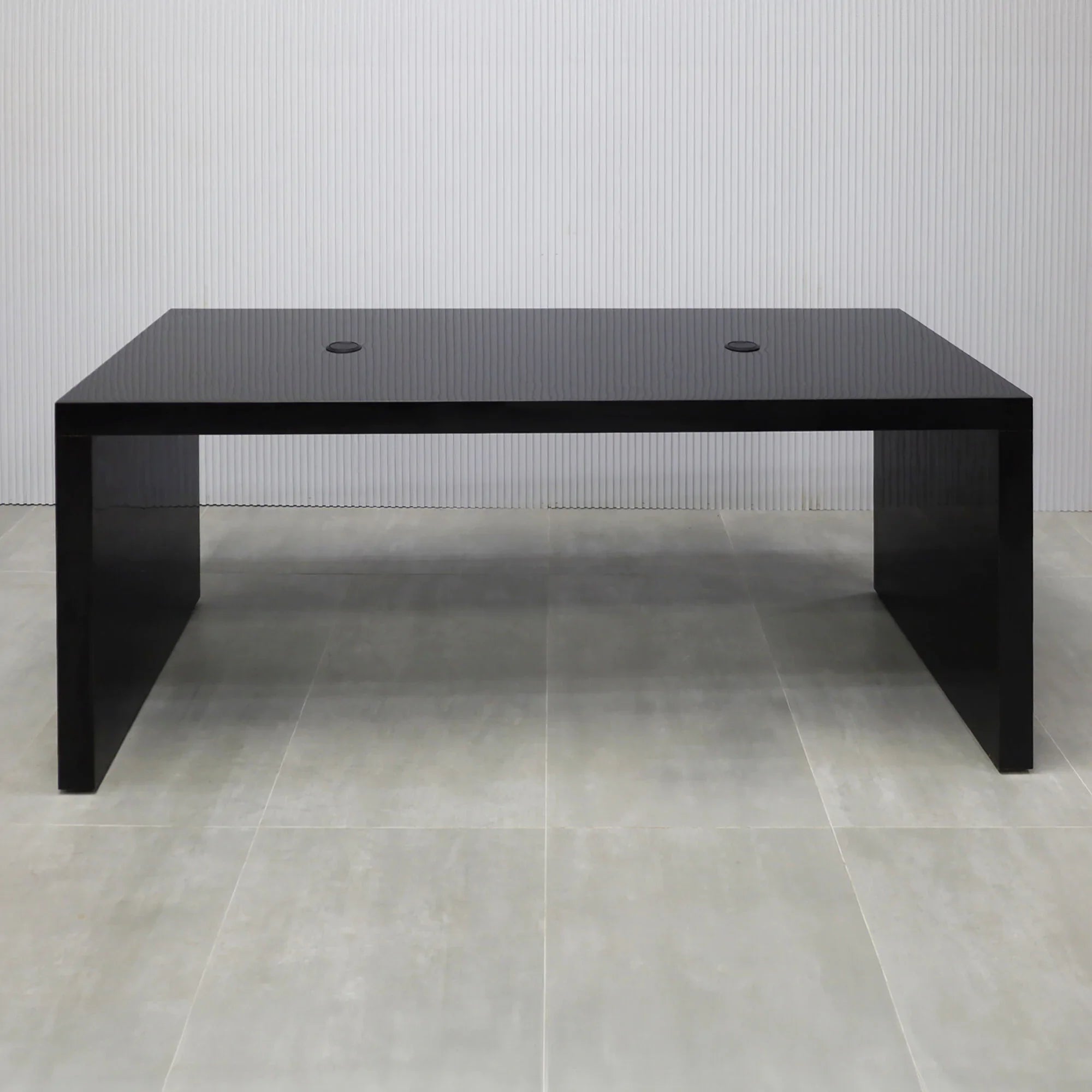 84-inch Ashville Laminate Collaboration Table in Black Gloss Laminate Finish, with two black MX1 power boxes.