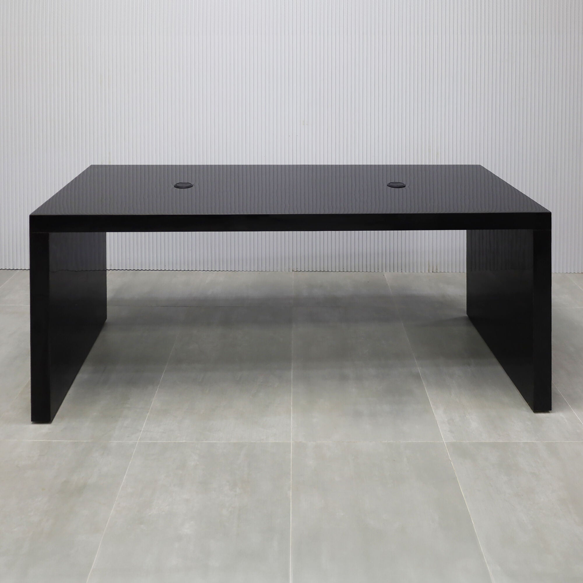 84-inch Ashville Laminate Collaboration Table in Black Gloss Laminate Finish, with two black MX1 power boxes.