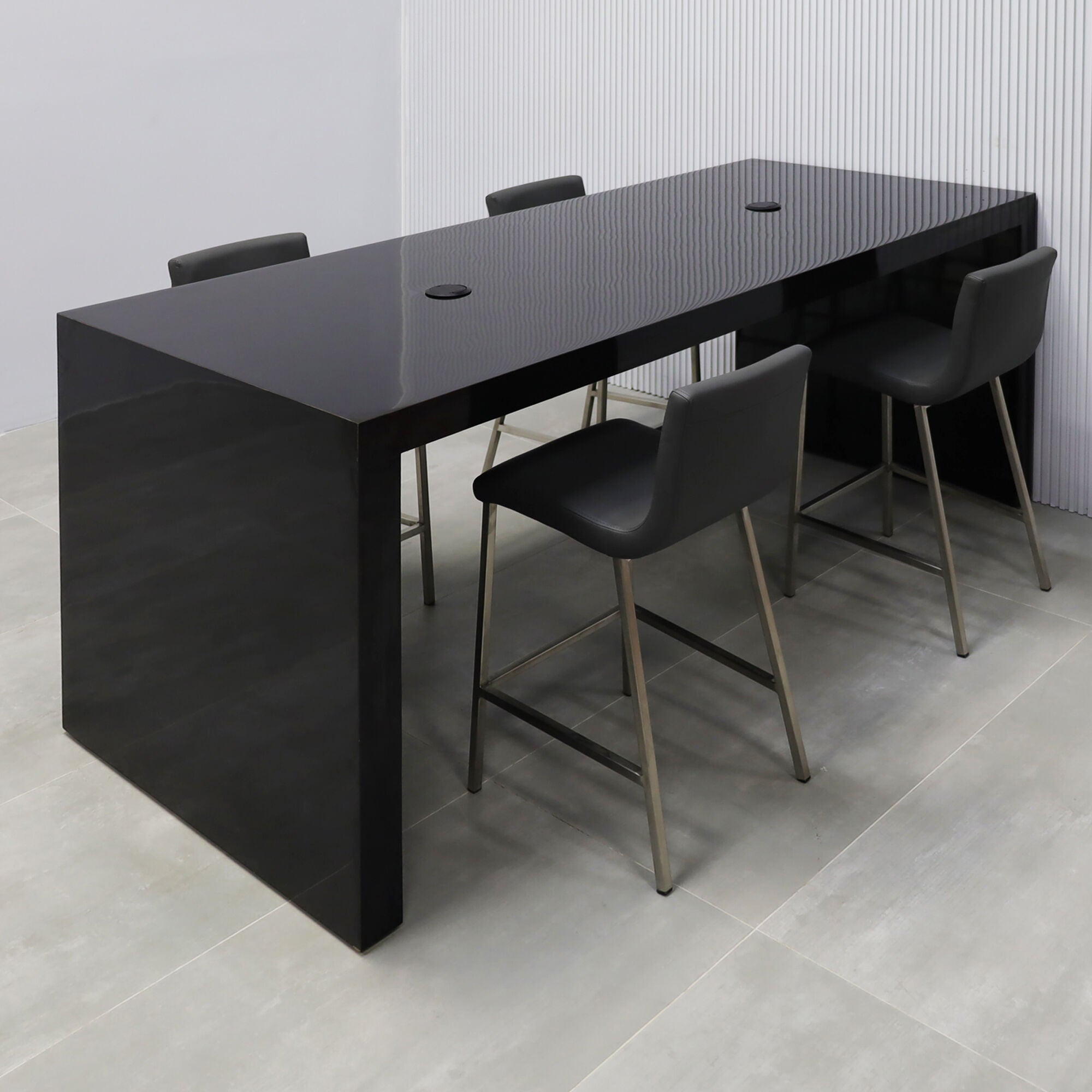 84-inch Ashville Laminate Collaboration Table in Black Gloss Laminate Finish, with two black MX1 power boxes.