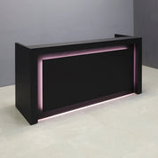 84-inch New York U-Shape Custom Reception Desk in black traceless laminate main desk and accent recess, with warm white LED, shown here.
