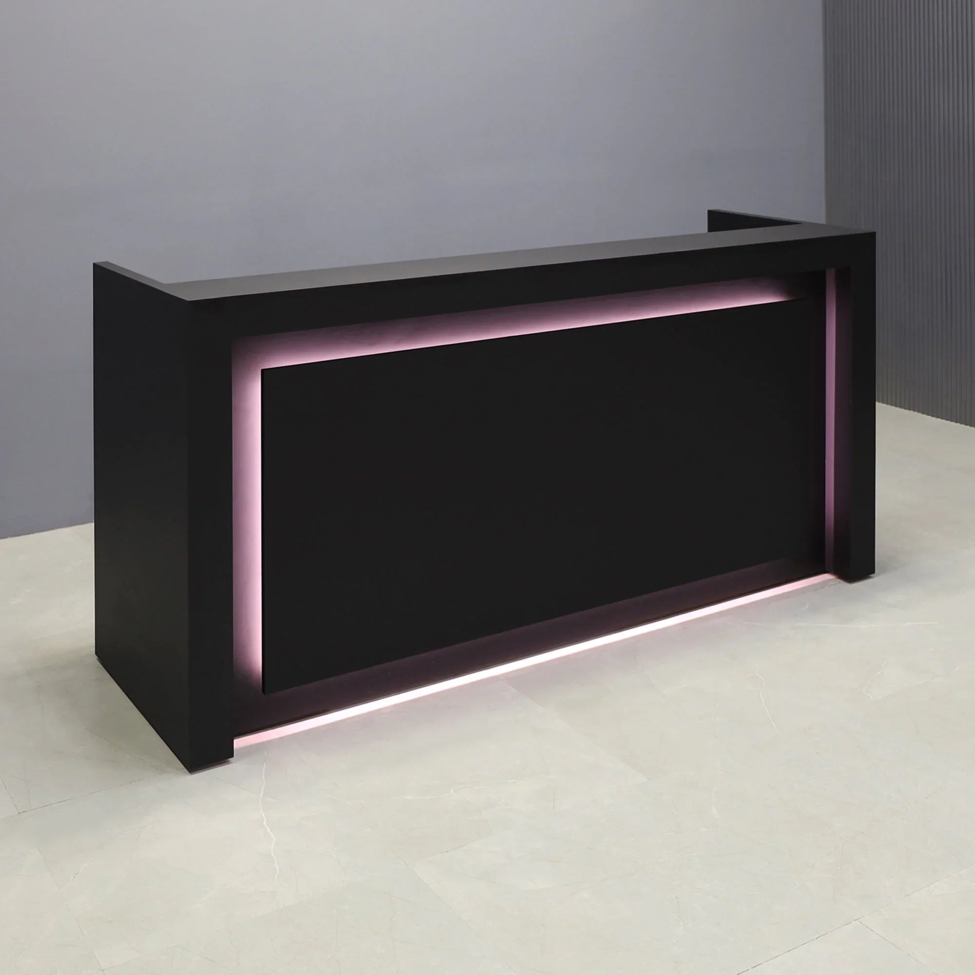 84-inch New York U-Shape Custom Reception Desk in black traceless laminate main desk and accent recess, with warm white LED, shown here.