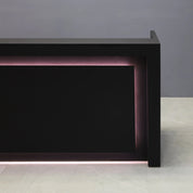 84-inch New York U-Shape Custom Reception Desk in black traceless laminate main desk and accent recess, with warm white LED, shown here.