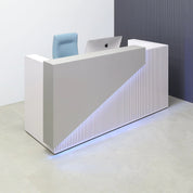 84-inch Miami Custom Reception Desk in fog gray laminate counter, white gloss laminate grooved front panel and desk, with color LED, shown here.