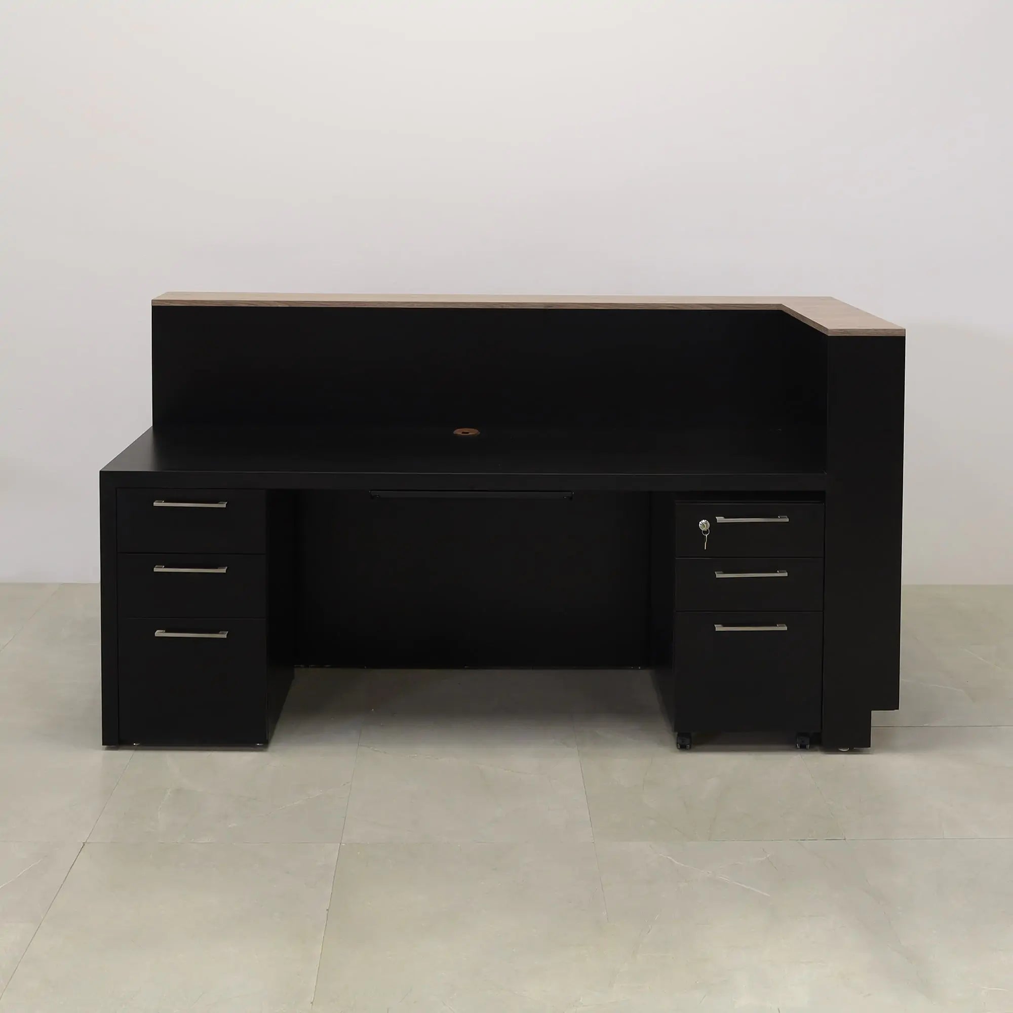 84-inch Manhattan L-Shape Custom Reception Desk in walnut heights matte laminate accent panel and top counter, and BLACK TRACELESS laminate main desk. Gold aluminum toe-kick, with multi-colored LED, shown here.