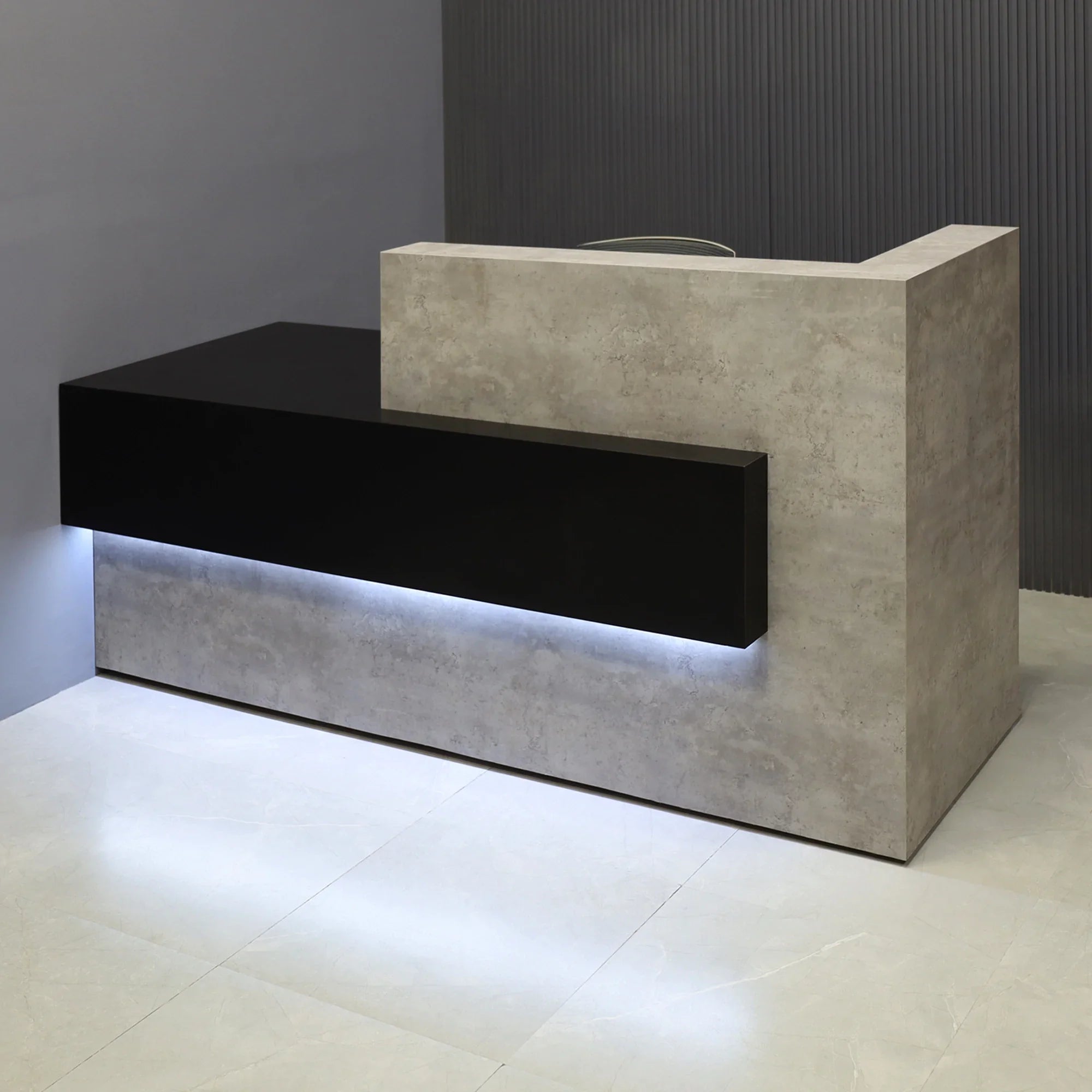 72-inch Atlanta Custom Reception Desk with the countertop & base on the right side when facing front covered in industrial concrete laminate, while the workspace and front panel are covered in black matte laminate, and warm white LED.