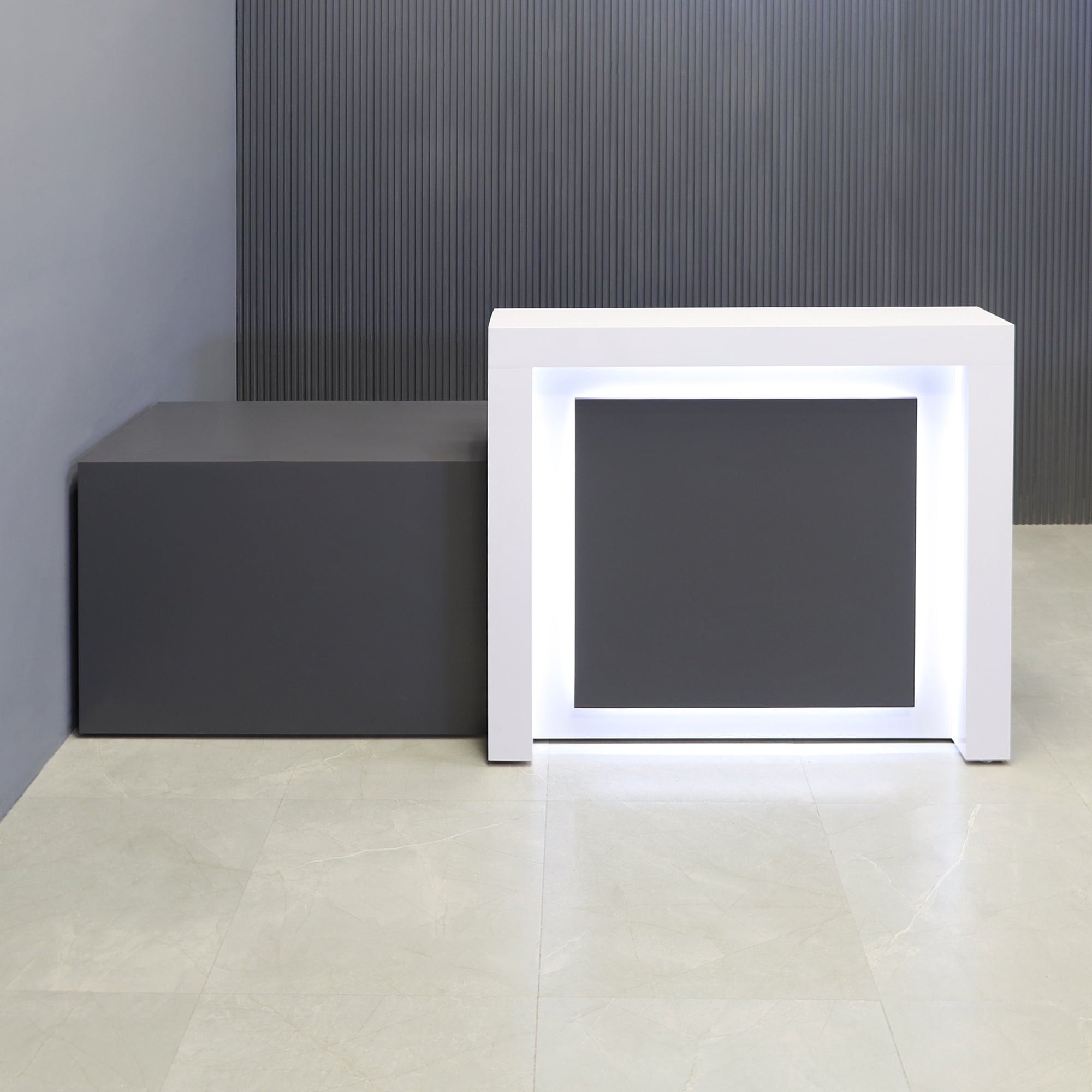 84-inch New York ADA Compliant Custom Reception Desk with White Gloss laminate counter, Storm Gray matte laminate desk & panel, and white LED.