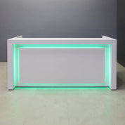 84-inch New York U-Shape Custom Reception Desk in white gloss laminate main desk and accent recess, with color LED, shown here.
