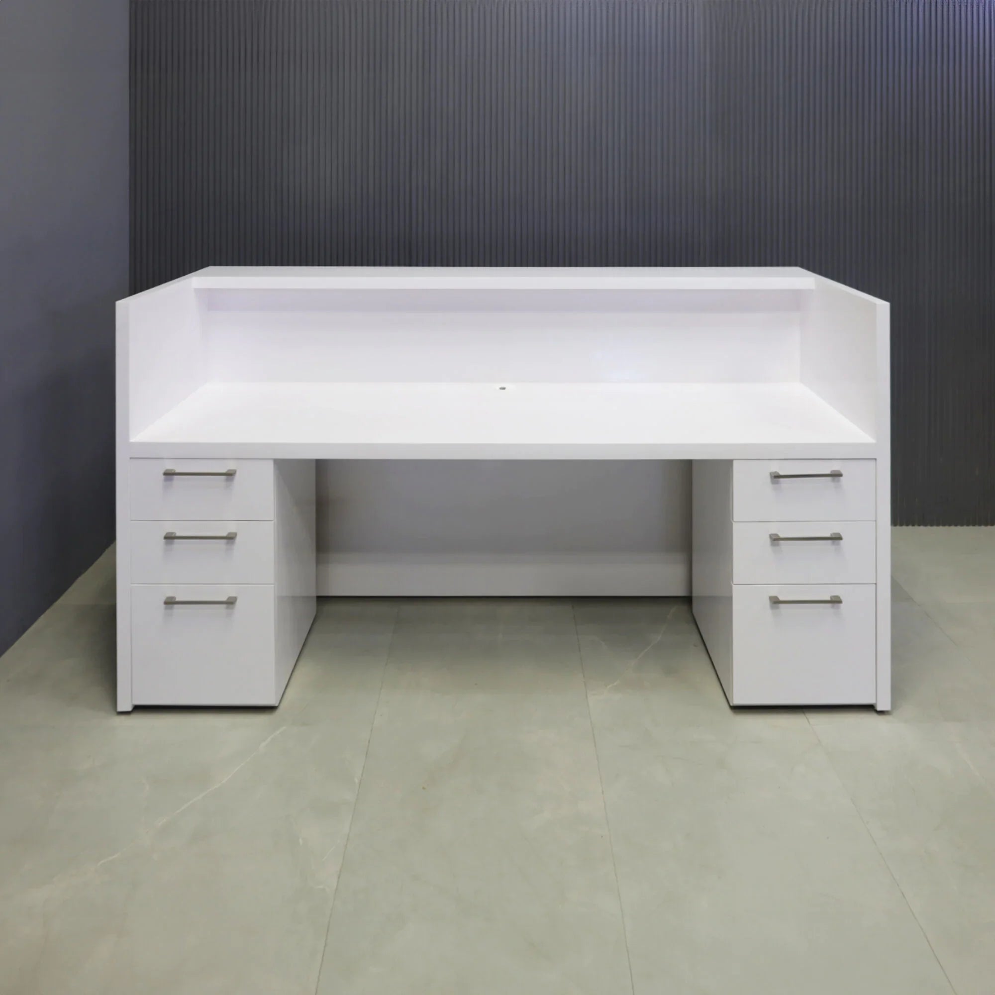84-inch New York U-Shape Custom Reception Desk in white gloss laminate main desk and accent recess, with color LED, shown here.