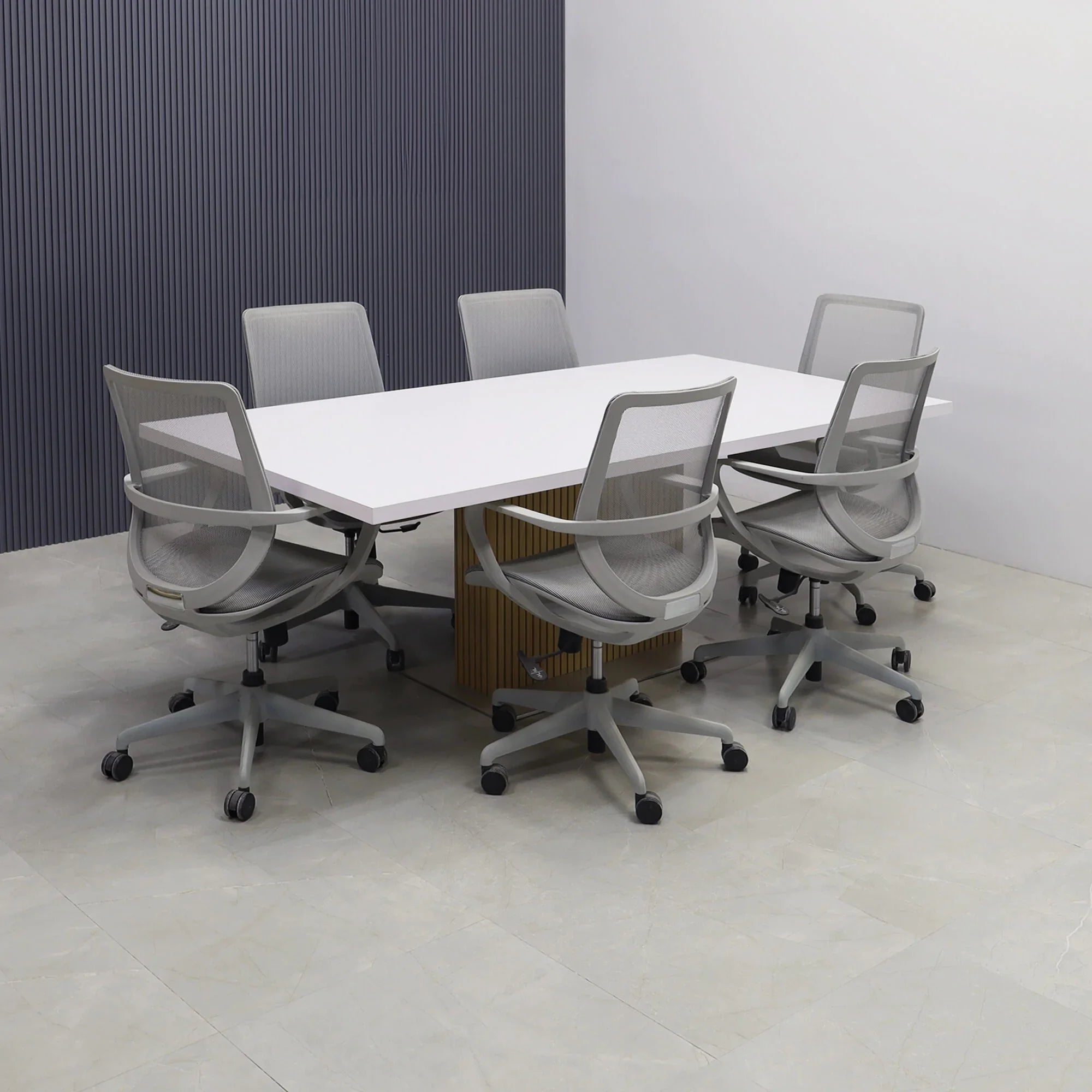 72-inch Newton Rectangular Conference Table with white matte laminate top, white oak & natural background tambour pedestal, and silver stainless steel California X3 base.