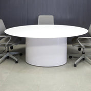 84-inch Aurora Oval Conference Table in 1/2-inch white solid engineered surface top, and white gloss laminate base.