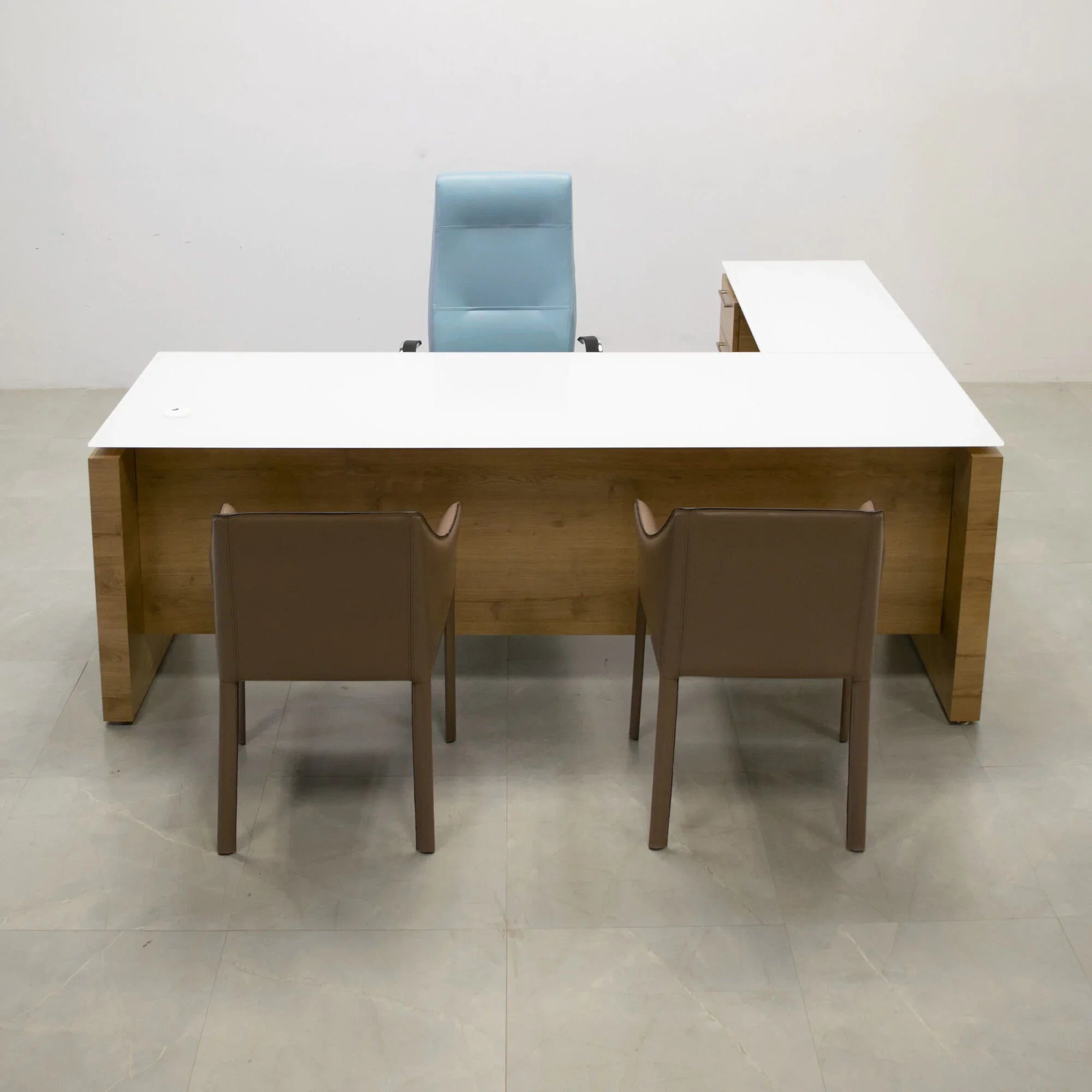84-inch Denver L-Shape Executive Desk with return & cabinet on the left side when sitting, in 1/2" white tempered glass top, planked urban oak matte laminate base, cabinet & privacy panel, shown here.