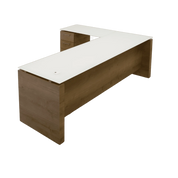 84-inch Denver L-Shape Executive Desk with return & cabinet on the left side when sitting, in 1/2" white tempered glass top, planked urban oak matte laminate base, cabinet & privacy panel, shown here.