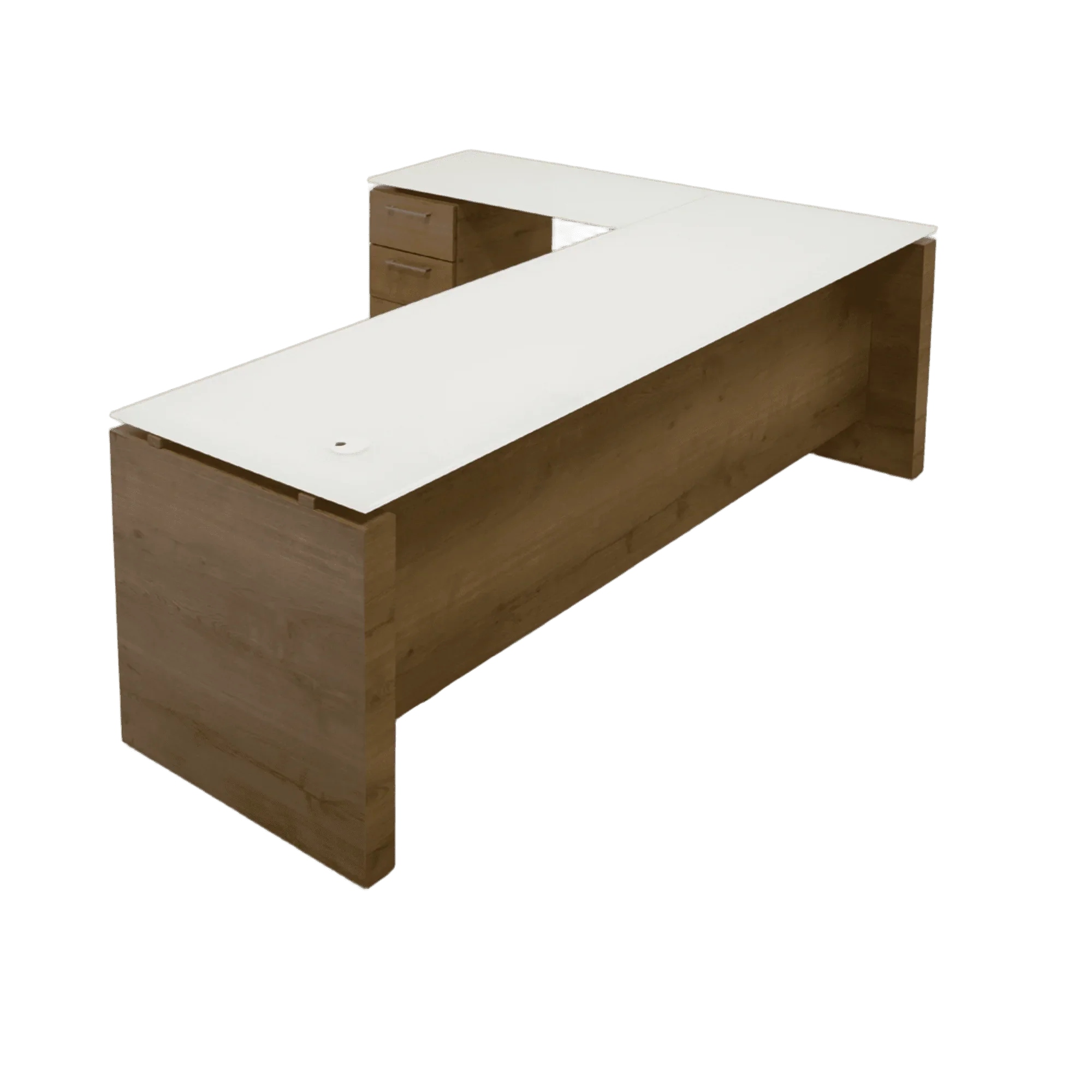 84-inch Denver L-Shape Executive Desk with return & cabinet on the left side when sitting, in 1/2" white tempered glass top, planked urban oak matte laminate base, cabinet & privacy panel, shown here.