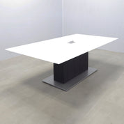 90-inch 1/2 Omaha Rectangular Conference Table with white tempered glass top, black traceless tambour pedestal, silver metal powder coated base, Mx2 in silver power box.