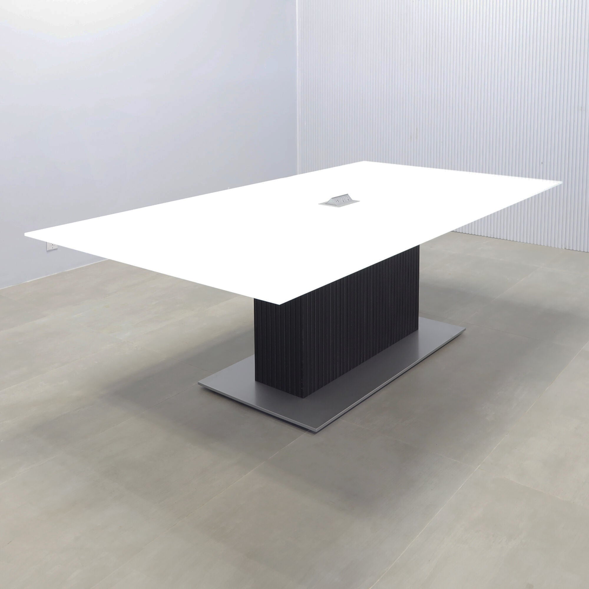 2 Omaha Rectangular Conference Table with white tempered glass top, black traceless tambour pedestal, silver metal powder coated base, Mx2 in silver power box.