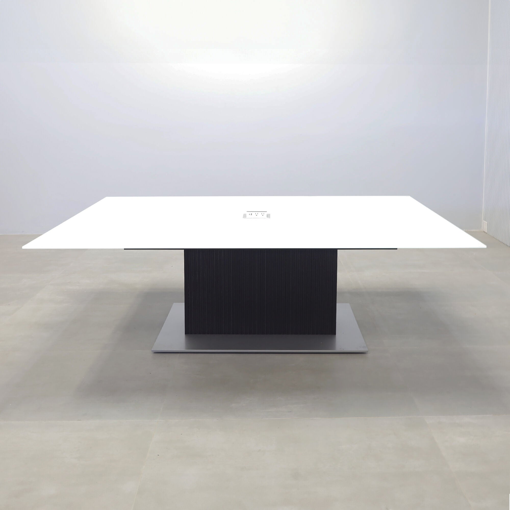 2 Omaha Rectangular Conference Table with white tempered glass top, black traceless tambour pedestal, silver metal powder coated base, Mx2 in silver power box.