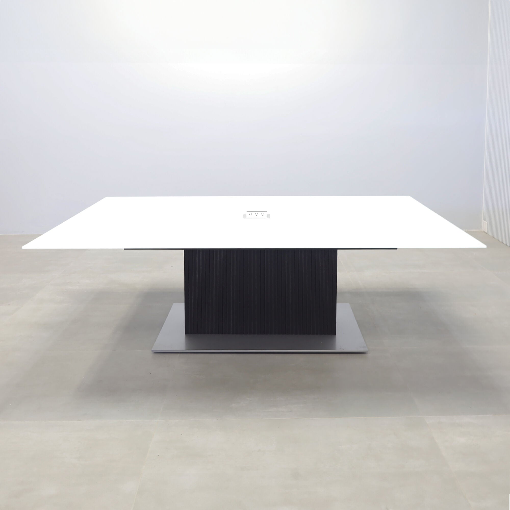 90-inch Omaha Rectangular Shape Conference Table, 1/2 white tempered glass top, black matte tambour pedestal, metal powder coated in silver base, and Mx2 in silver power box.
