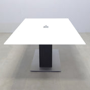 90-inch 1/2 Omaha Rectangular Conference Table with white tempered glass top, black traceless tambour pedestal, silver metal powder coated base, Mx2 in silver power box.