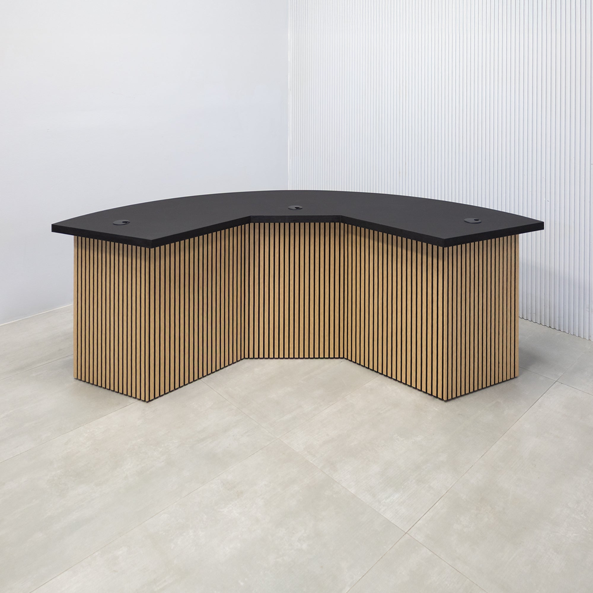 90-inch Tampa Bay Podcast Table with Black Cider matte laminate top, White Oak tambour & Black background front base, Black matte laminate back base. 