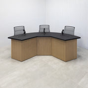 90-inch Tampa Bay Podcast Table with Black Cider matte laminate top, White Oak tambour & Black background front base, Black matte laminate back base. 