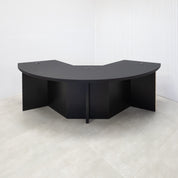 90-inch Tampa Bay Podcast Table with Black Cider matte laminate top, White Oak tambour & Black background front base, Black matte laminate back base. 