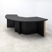 90-inch Tampa Bay Podcast Table with Black Cider matte laminate top, White Oak tambour & Black background front base, Black matte laminate back base. 