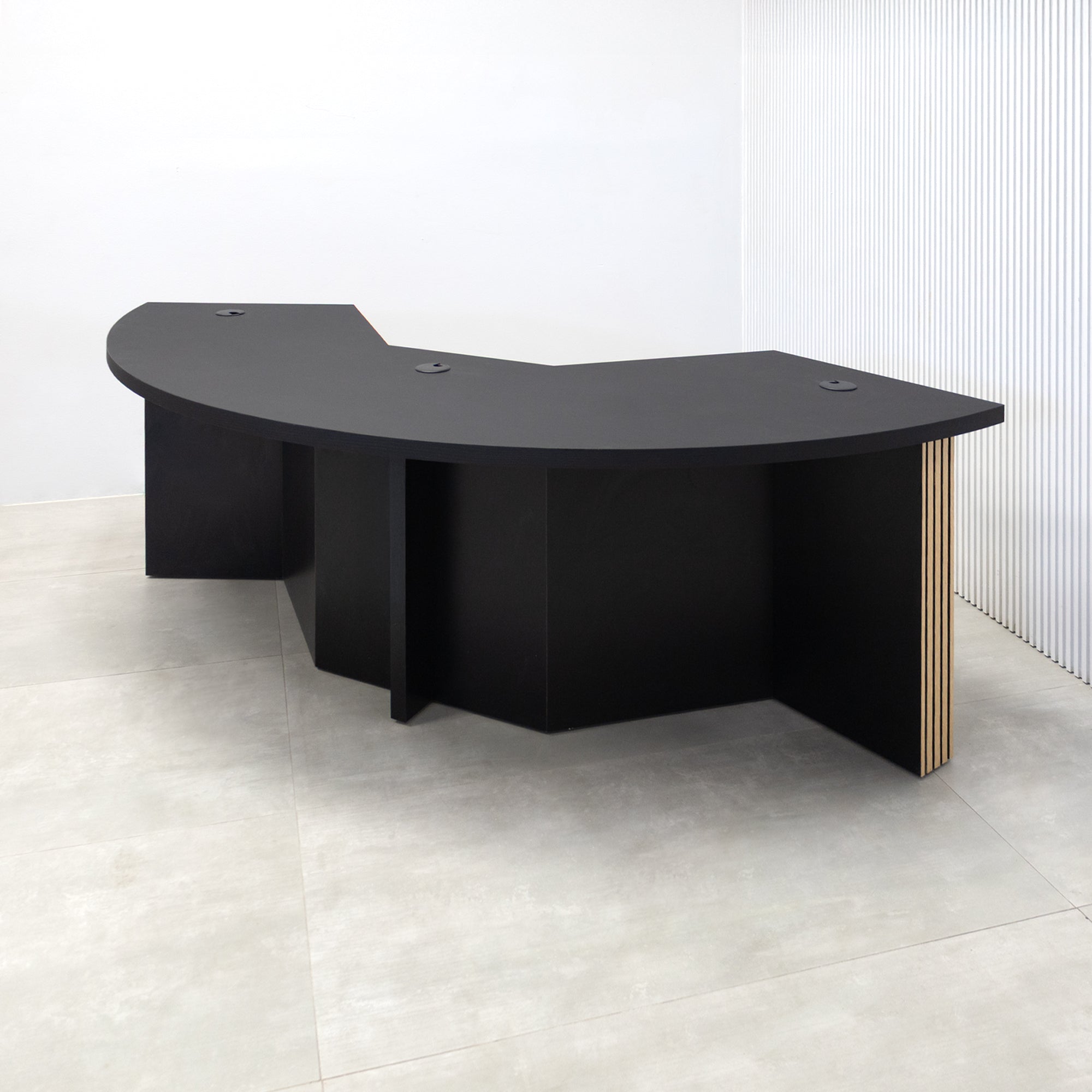 90-inch Tampa Bay Podcast Table with Black Cider matte laminate top, White Oak tambour & Black background front base, Black matte laminate back base. 