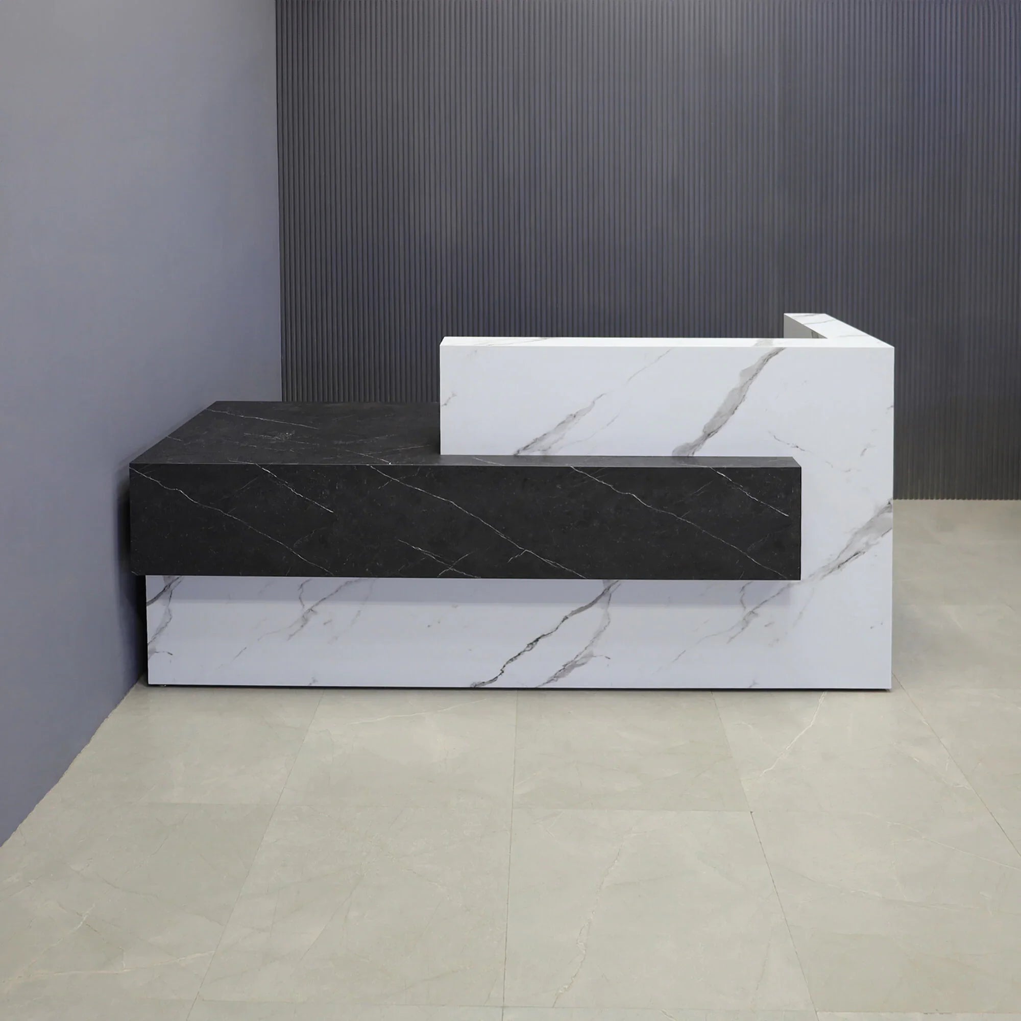 90-inch Atlanta Custom Reception Desk with the countertop & base on the right side when facing front covered in calcutta stone PVC, while the workspace and front panel are covered in black stone PVC.