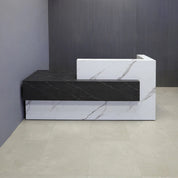 90-inch Atlanta Custom Reception Desk with the countertop & base on the right side when facing front covered in calcutta stone PVC, while the workspace and front panel are covered in black stone PVC.