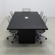 92 inches Newton Rectangular Conference Table in Black Traceless Laminate top and Black Matte Laminate base finish. Ellora power box, and six gray chairs shown here.