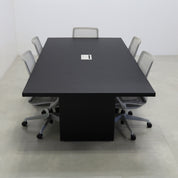 92 inches Newton Rectangular Conference Table in Black Traceless Laminate top and Black Matte Laminate base finish. Ellora power box, and six gray chairs shown here.