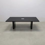 92 inches Newton Rectangular Conference Table in Black Traceless Laminate top and Black Matte Laminate base finish. Ellora power box, and six gray chairs shown here.