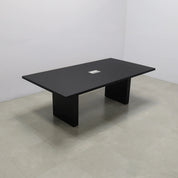 92 inches Newton Rectangular Conference Table in Black Traceless Laminate top and Black Matte Laminate base finish. Ellora power box, and six gray chairs shown here.