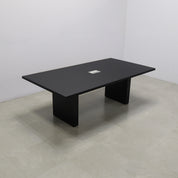92 inches Newton Rectangular Conference Table in Black Traceless Laminate top and Black Matte Laminate base finish. Ellora power box, and six gray chairs shown here.