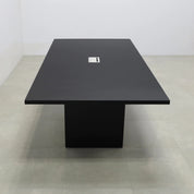 92 inches Newton Rectangular Conference Table in Black Traceless Laminate top and Black Matte Laminate base finish. Ellora power box, and six gray chairs shown here.