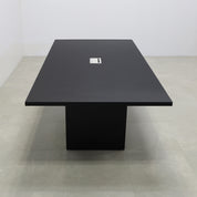 92 inches Newton Rectangular Conference Table in Black Traceless Laminate top and Black Matte Laminate base finish. Ellora power box, and six gray chairs shown here.