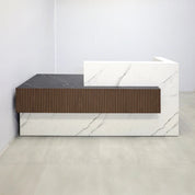 90_Atlanta Reception Desk with Calcutta Stone PVC laminate workspace, Black Stone Palazzo laminate front & counter, Walnut Veneer Tambour & Black Background front accent, and white LED.