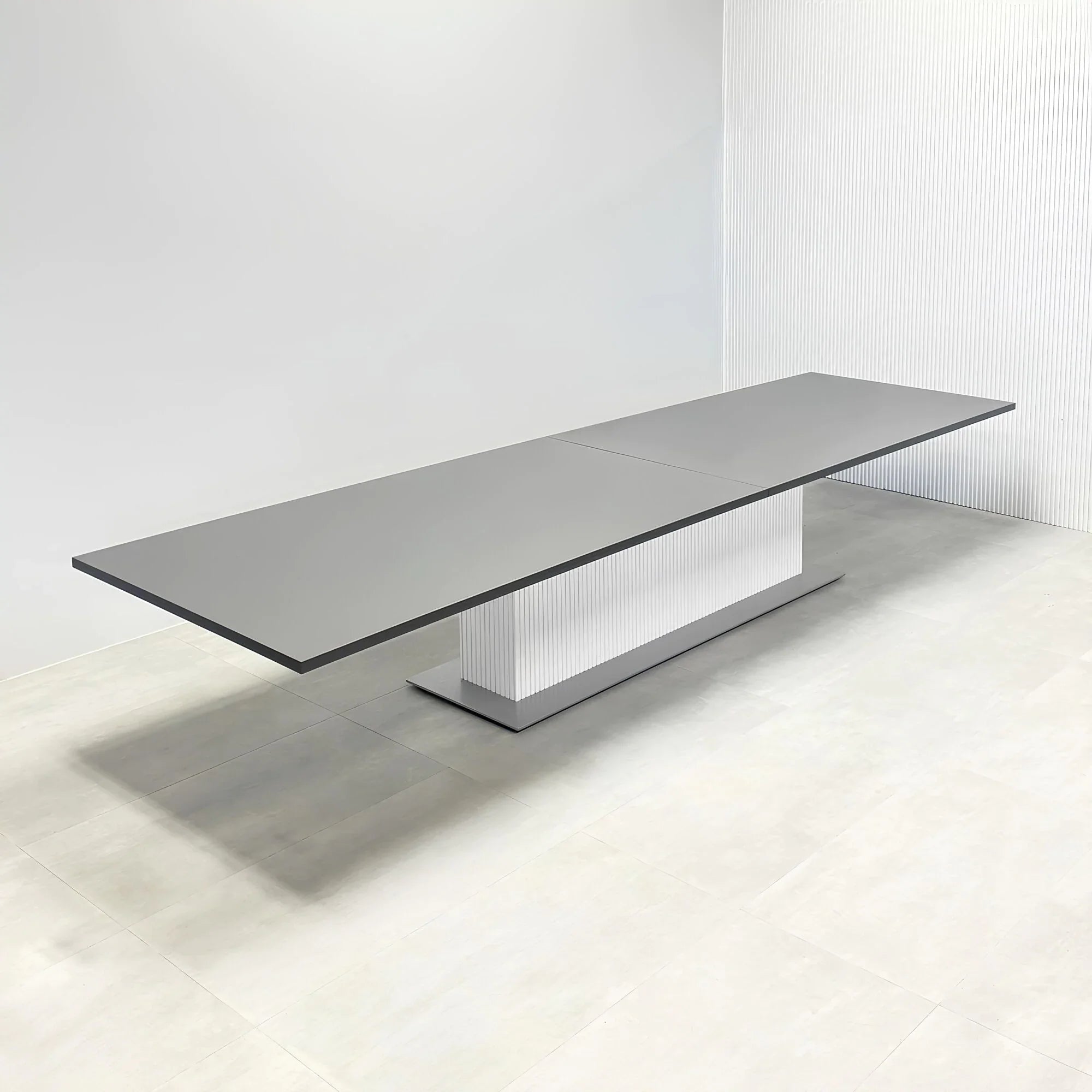 180_Newton Rectangular Conference Table with Laminate Top and X3 Base with storm gray matte laminate top, white matte laminate tambour pedestal, and metal powder coated silver base.