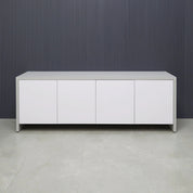 90-inch Boston Storage Credenza in folkstone gray matte laminate credenza, and white matte laminate doors.