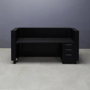 90-inch Nola Custom Reception Desk in black traceless laminate main desk, and brushed aluminum toe-kick. Built-in storage on the right side when sitting.