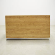 90-inch Dallas Straight Custom Reception Desk in planked urban oak matte laminate main desk and brushed aluminum toe-kick.